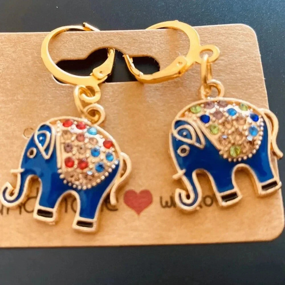 Cute and Colorful Sparkly Blue elephant Rhinestone Women's Fashion earrings set - Picture 3 of 3